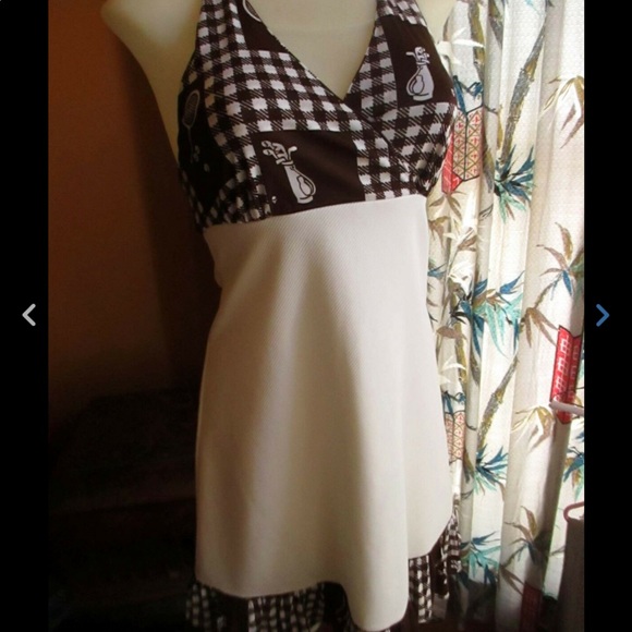 Vtg 70s Polyester BRN//WHT TENNIS/GOLF PRINT DRESS - Picture 4 of 8